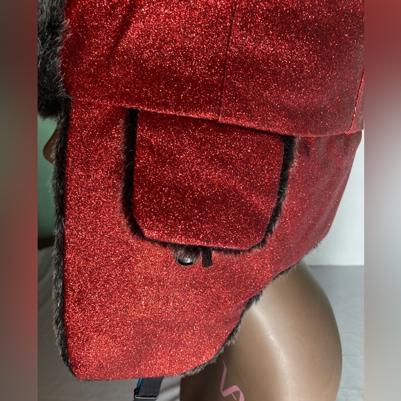 Glitter Faux Fur Trapper Hat Red - Picture 2 of 8